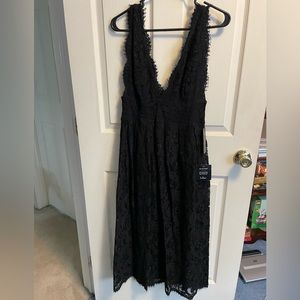 Black lace deep v midi dress